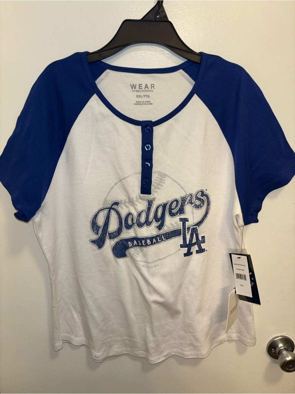 WEAR Los Angeles Dodgers Short Sleeve Henley Tee - White & Royal Blue